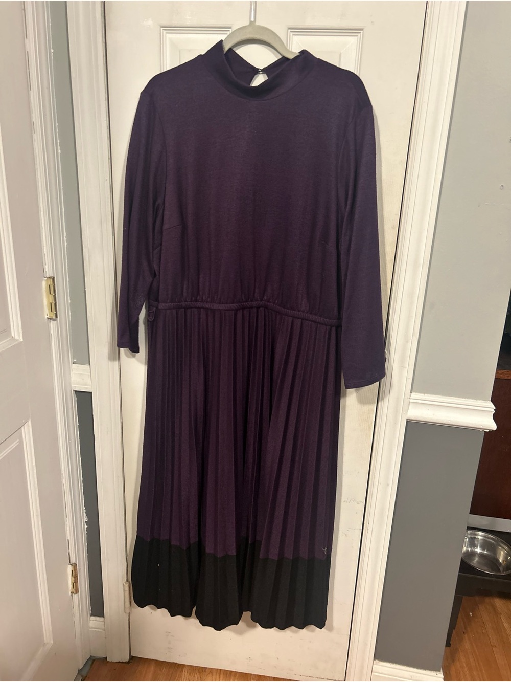 Lane Bryant Long Sleeve Purple Pleated Midi Dress with Black Trim